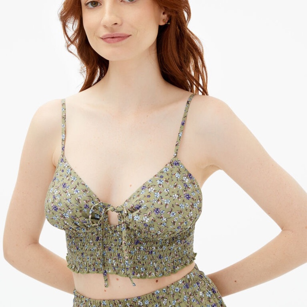 Aeropostale Floral Tie-Front Smocked Cropped Cami